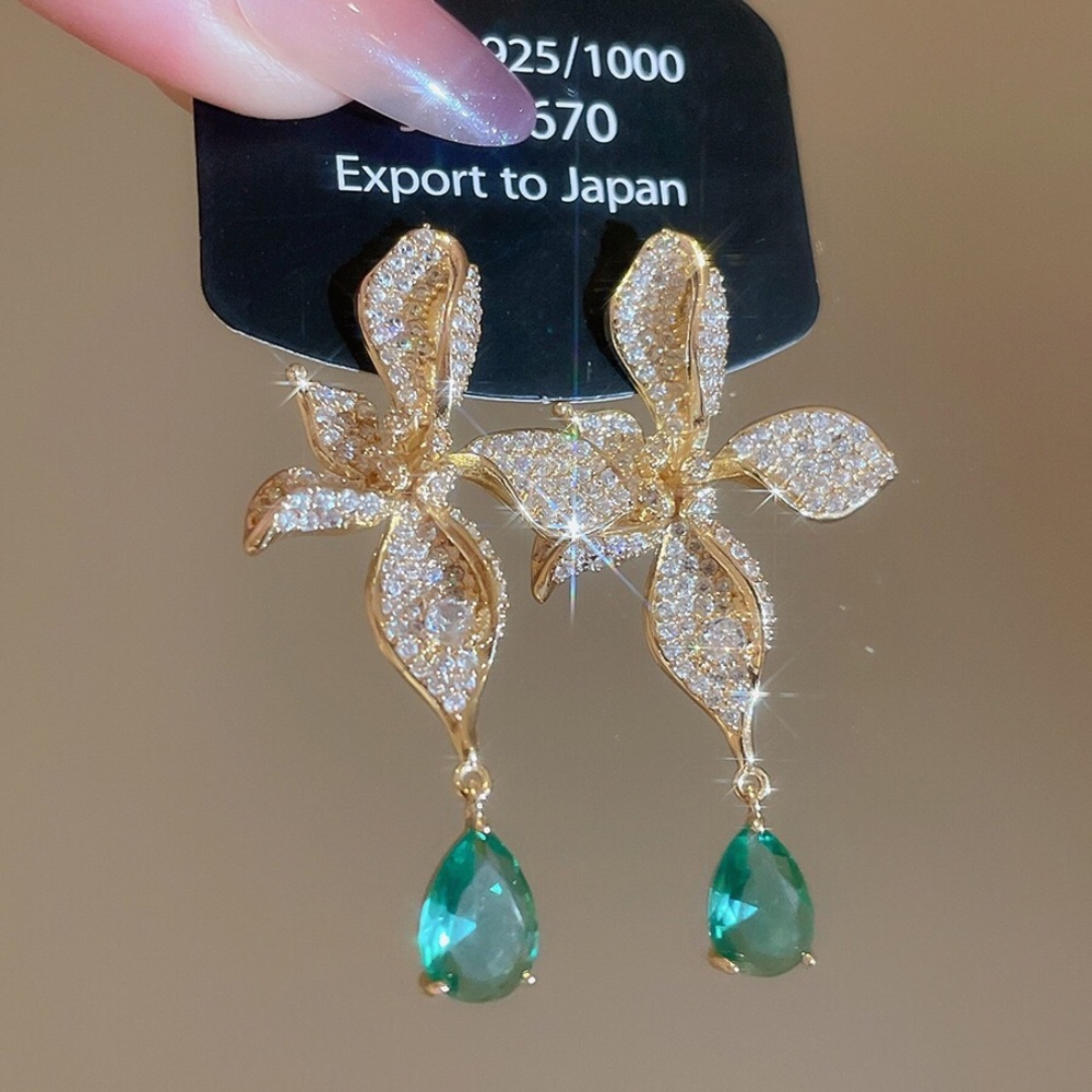Gold Floral Drop Earrings with Green Teardrop Stones